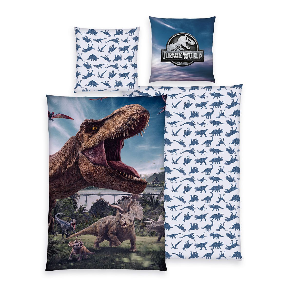 Jurassic World Bettwäsche-Set ‘Dino Adventure’ 135 x 200 cm: Bettbezug mit T-Rex und Triceratops, Kissen 80 x 80 cm mit Logo, Wendeseite weiß mit Dino-Silhouetten