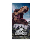 Jurassic World Handtuch ‘Dino Adventure’ 75 x 150 cm: brüllender T-Rex vor Dschungel, darunter das Jurassic World Logo