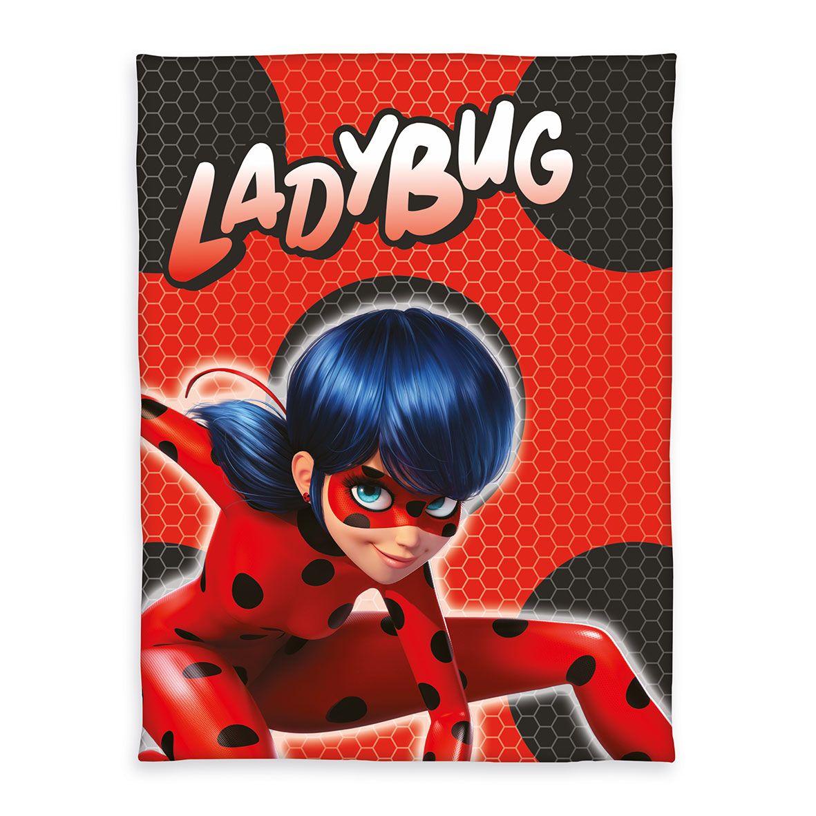 Miraculous Fleecedecke ‘Black Dot’: Ladybug mit Schriftzug vor schwarzen Punkten auf Rot