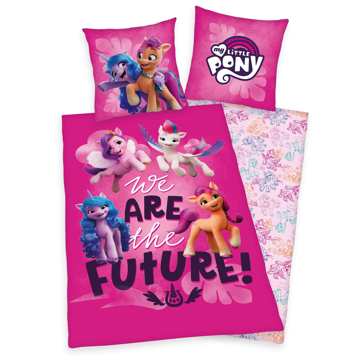 My Little Pony Bettwäsche-Set ‘Future’ 135 x 200 cm: Bettbezug pink mit Ponys und Schriftzug We are the Future, Wendeseite weiß mit Pony-Zeichnungen, Kissen 80 x 80 cm mit Logo