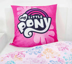 Kissen mit My-Little-Pony-Logo auf Pink und weiße Wendeseite mit Ponys