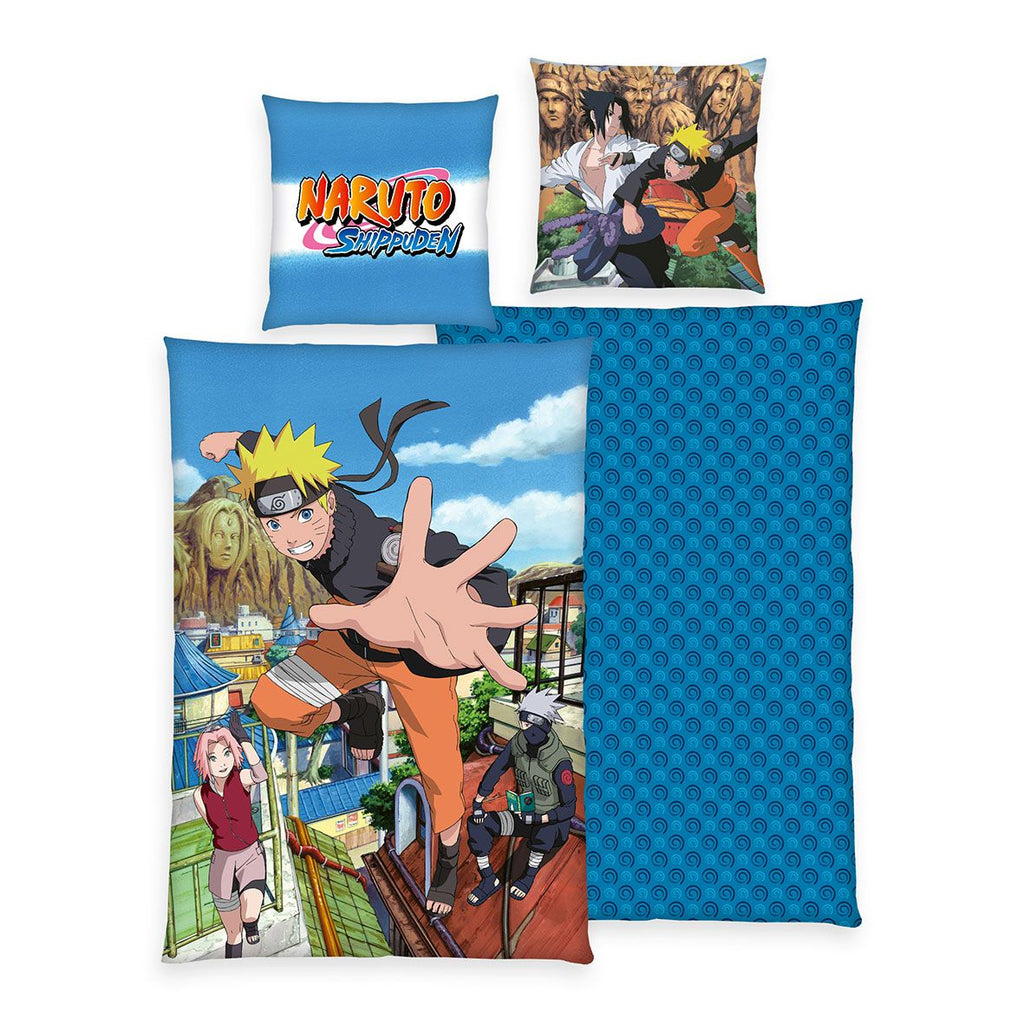 Naruto Shippuden Bettwäsche-Set ‘Konoha Action’ 135 x 200 cm: Bettbezug mit Naruto im Sprung über Konoha, Wendeseite blau mit Wirbel-Muster, Kissen 80 x 80 cm mit Logo