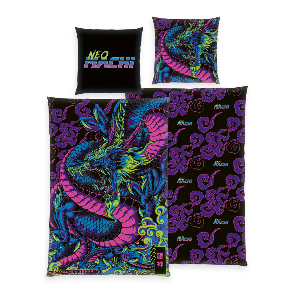 Neomachi Bettwäsche-Set ‘Drache’ 135 x 200 cm: Bettbezug schwarz mit Neon-Drache in Pink, Blau und Grün, Wendeseite mit lila Wolken, Kissen 80 x 80 cm mit Schriftzug