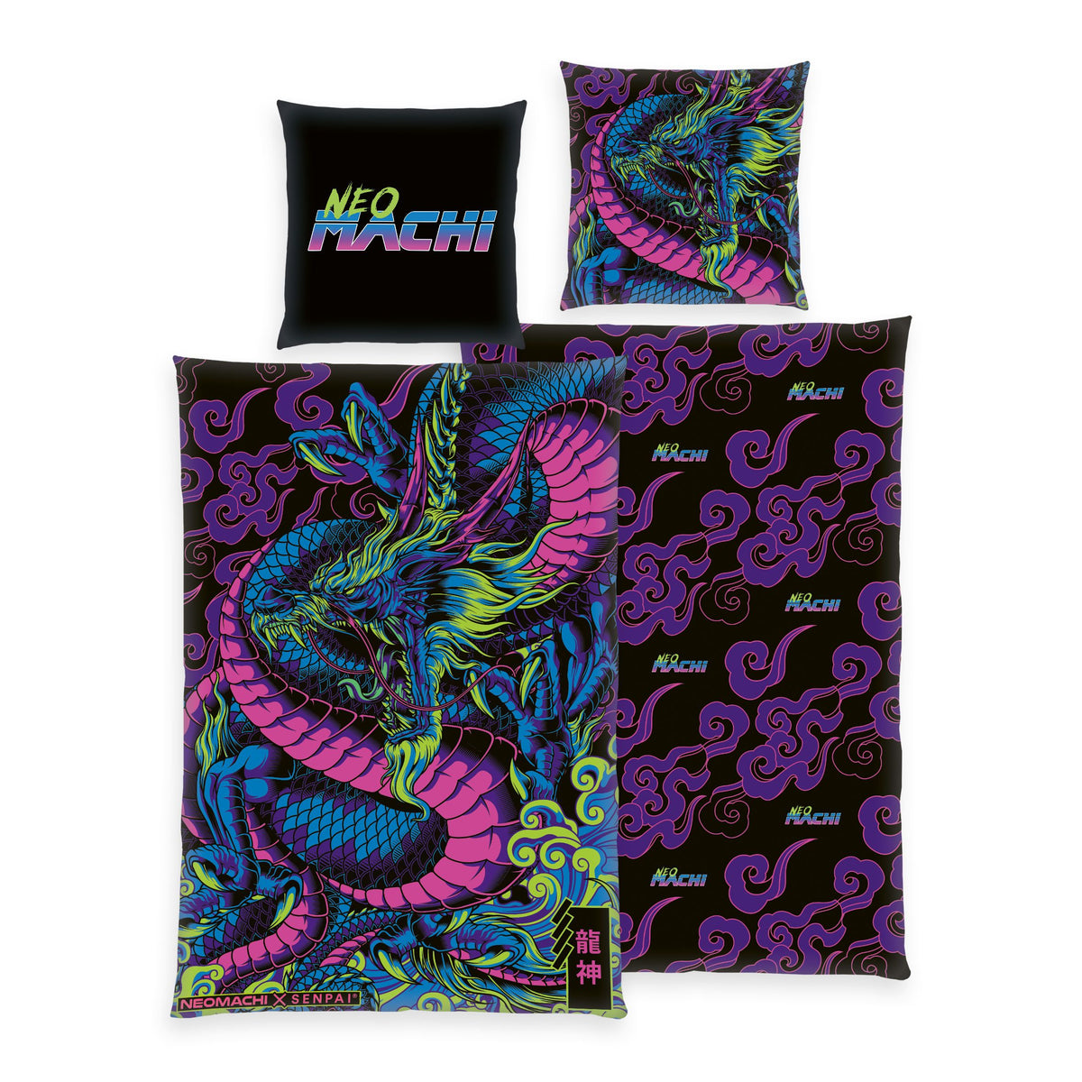 Neomachi Bettwäsche-Set ‘Drache’ 135 x 200 cm: Bettbezug schwarz mit Neon-Drache in Pink, Blau und Grün, Wendeseite mit lila Wolken, Kissen 80 x 80 cm mit Schriftzug
