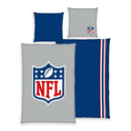 NFL Bettwäsche-Set ‘Classic’ 135 x 200 cm: Bettbezug hellgrau mit NFL-Shield, Wendeseite dunkelblau mit rot-weißen Streifen, Kissen 80 x 80 cm