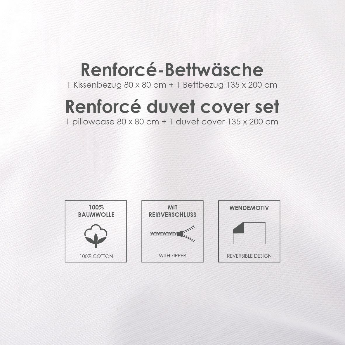 Infokarte: Renforcé-Bettwäsche, 1 Kissenbezug 80 x 80 cm und 1 Bettbezug 135 x 200 cm, 100 % Baumwolle, Reißverschluss, Wendemotiv