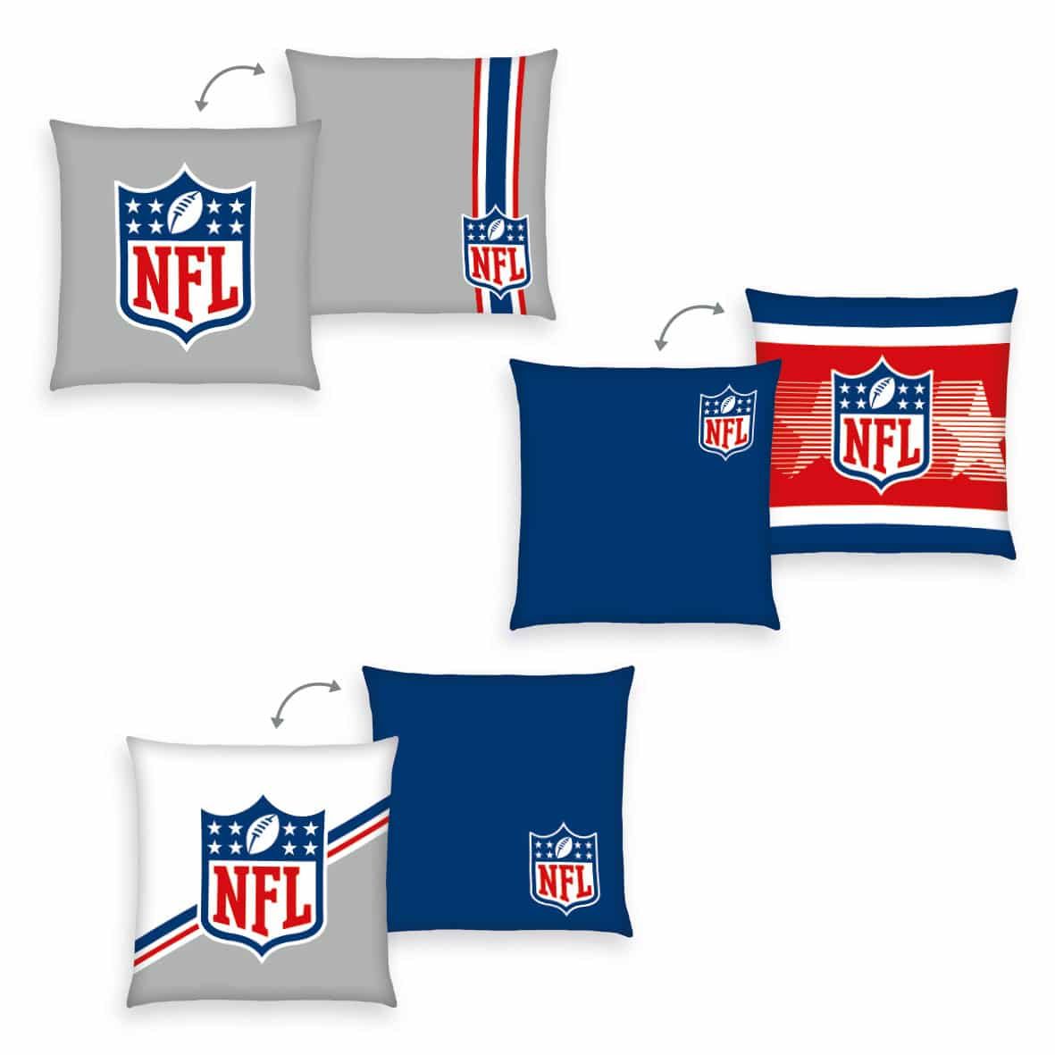 NFL Dekokissen-Set ‘Classic’: drei Wendekissen 40 x 40 cm mit NFL-Shield in Grau, Dunkelblau und Weiß, jeweils Vorder- und Rückseite