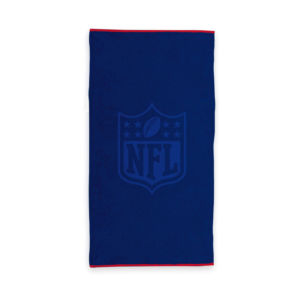 NFL Handtuch ‘Carved’ in Blau 80 x 150 cm: NFL-Shield Ton in Ton auf Dunkelblau, rote Kante an den Enden