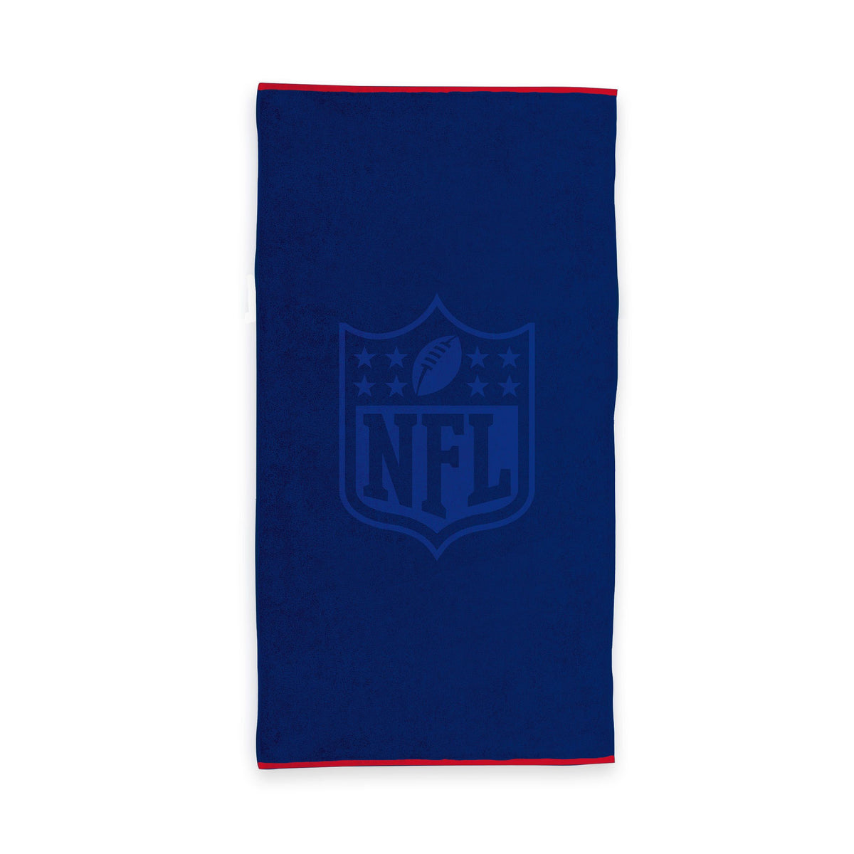 NFL Handtuch ‘Carved’ in Blau 80 x 150 cm: NFL-Shield Ton in Ton auf Dunkelblau, rote Kante an den Enden