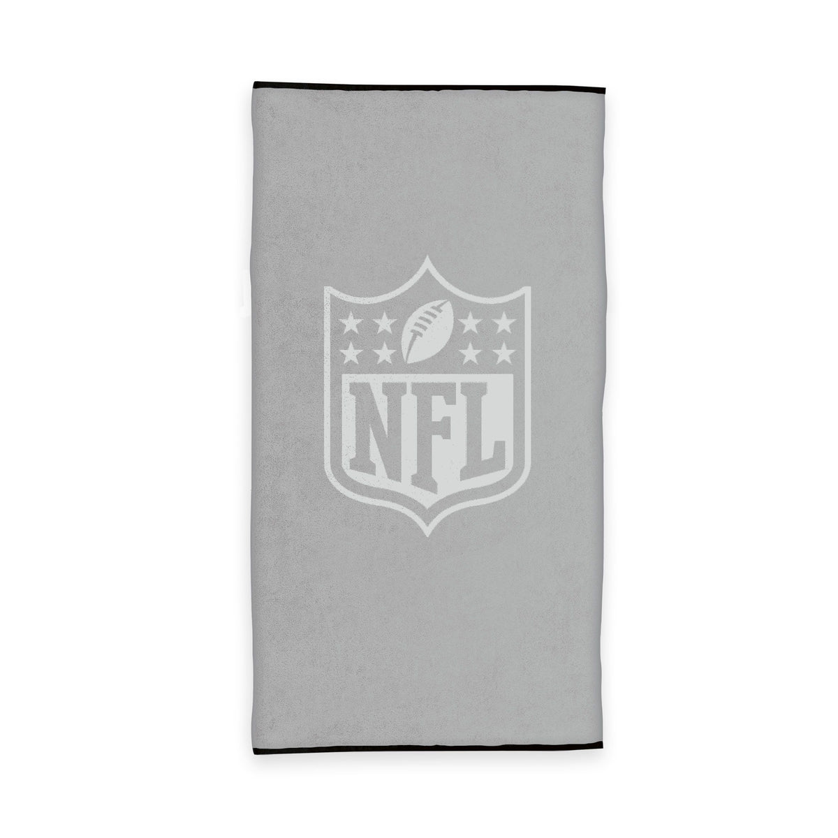 NFL Handtuch ‘Carved’ in Grau 80 x 150 cm: NFL-Shield Ton in Ton, schwarze Kante an den Enden