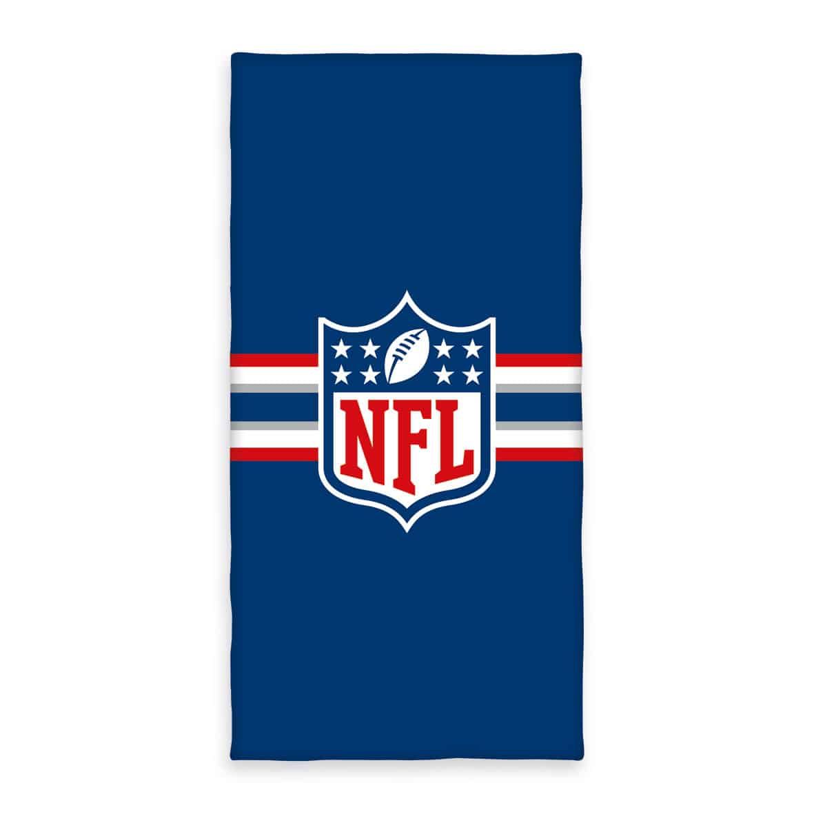 NFL Handtuch ‘Classic’ 75 x 150 cm: NFL-Shield mit Streifen in Rot, Weiß und Grau auf Königsblau