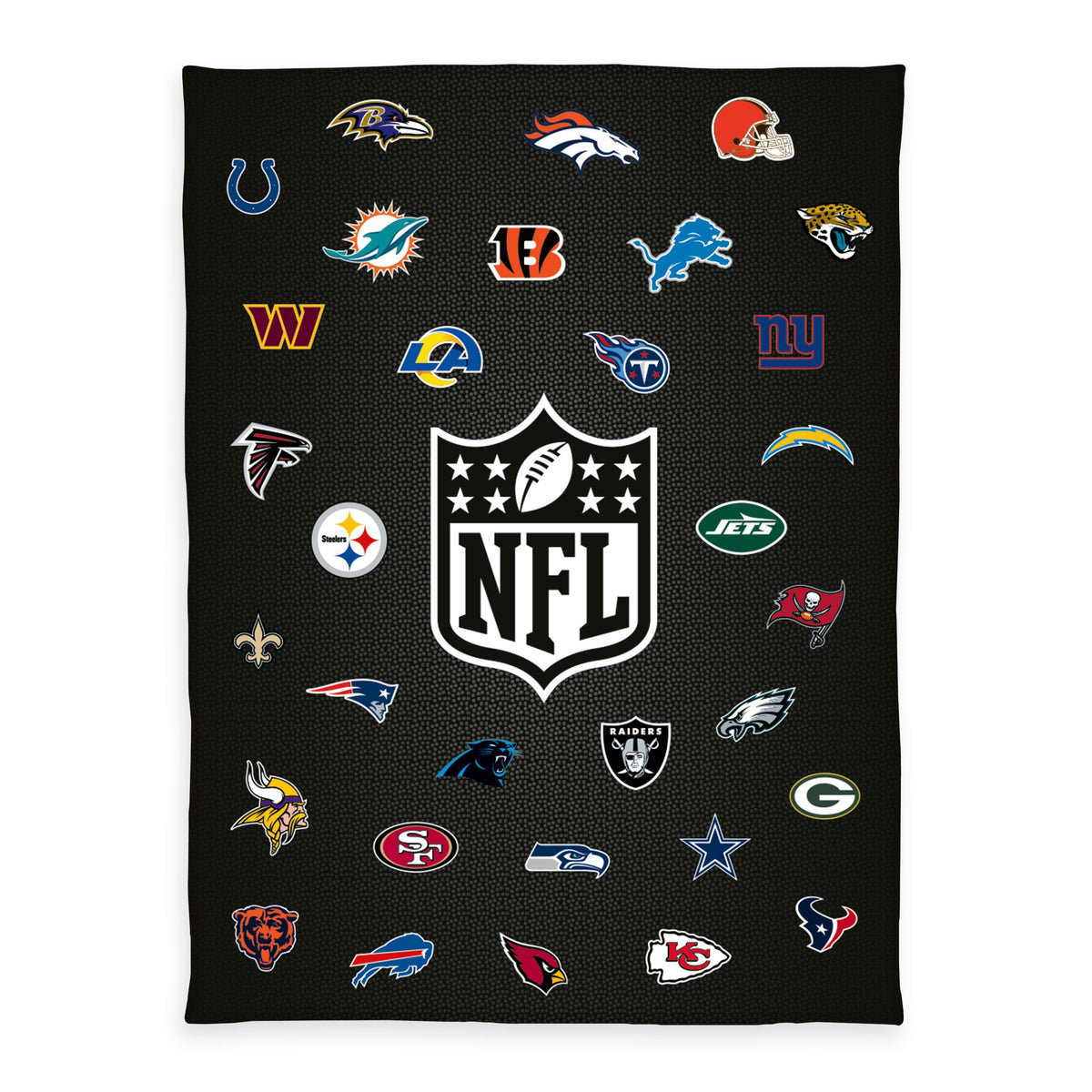 NFL Kuscheldecke ‘All Teams’ 150 x 200 cm mit allen 32 Team-Logos und NFL-Shield auf Schwarz