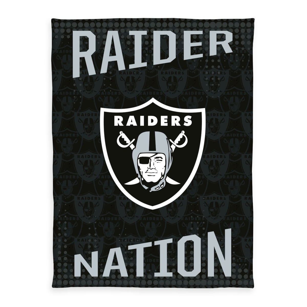 NFL Kuscheldecke ‘Raiders’ 150 x 200 cm: Raiders-Schild mit „RAIDER NATION“ auf Schwarz
