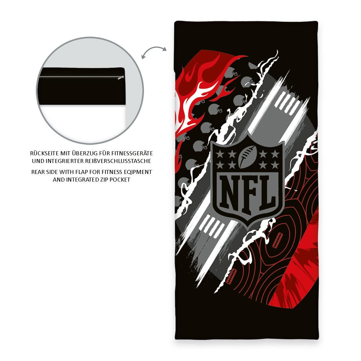 NFL Sport- und Fitnesstuch ‘Black’ 50 x 110 cm mit NFL-Shield auf Schwarz, daneben die Rückseite mit Flap und Reißverschlusstasche