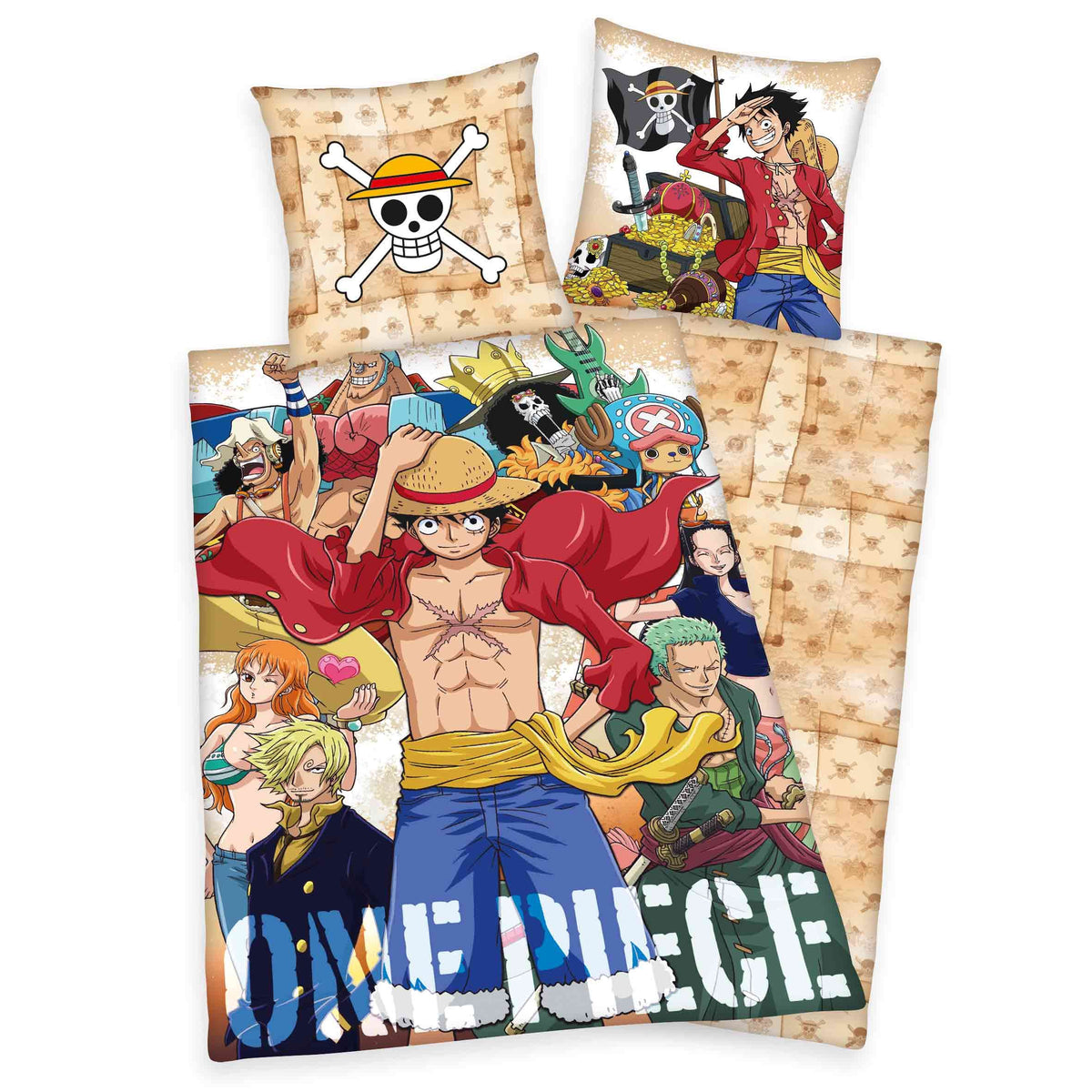 One Piece Bettwäsche-Set ‘Ruffy’ 135 x 200 cm: Bettbezug mit Ruffy und der Strohhutbande, Kissen 80 x 80 cm mit Jolly Roger, Wendeseite im Pergament-Look