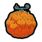 One Piece Formkissen ‘Mera Mera Teufelsfrucht’ ca. 35 x 32 cm: orange-rote Frucht mit Flammenwirbeln und türkisfarbenem Stiel