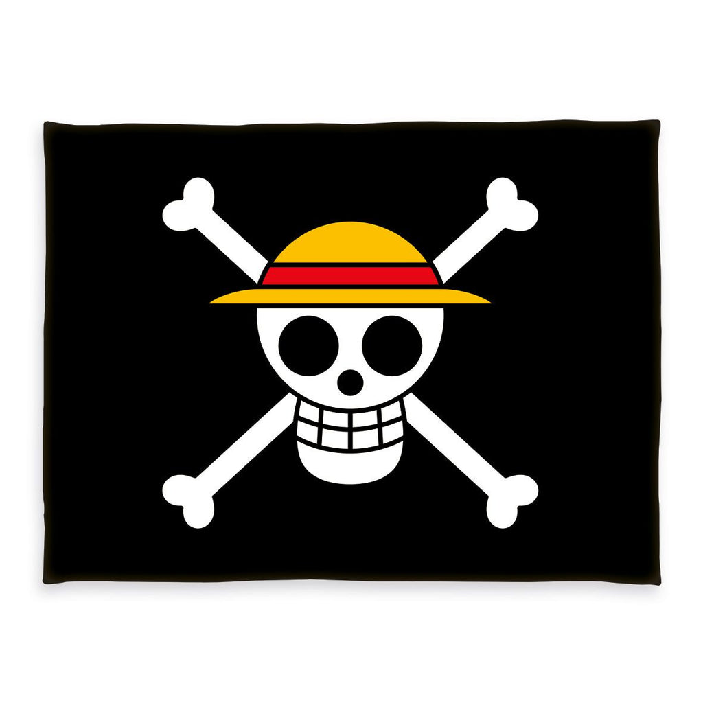 One Piece Kuscheldecke ‘Skull’ 150 x 200 cm: weißer Totenkopf mit Strohhut und gekreuzten Knochen auf Schwarz