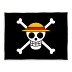 One Piece Kuscheldecke ‘Skull’ 150 x 200 cm: weißer Totenkopf mit Strohhut und gekreuzten Knochen auf Schwarz