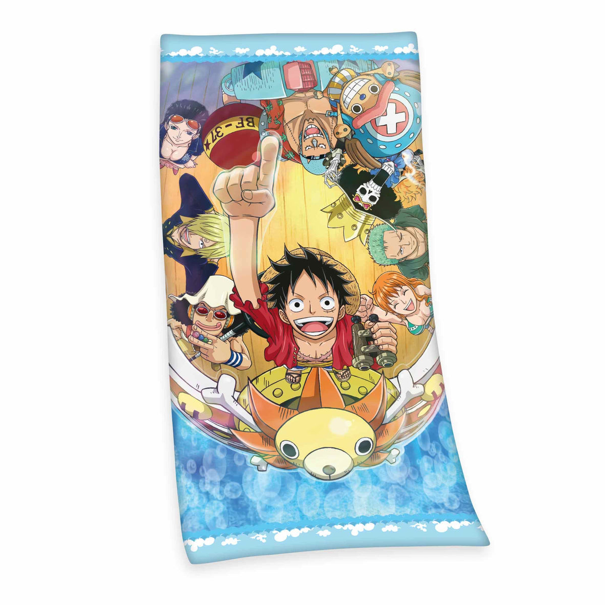 One Piece Strandtuch ‘Ruffy’ 75 x 150 cm: Ruffy mit der Strohhut-Bande an Deck, unten die Galionsfigur der Thousand Sunny im Wasser