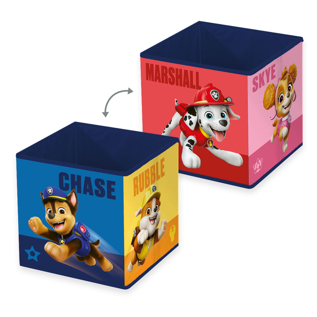 Zwei Ansichten der Paw Patrol Aufbewahrungsbox: Chase und Rubble sowie Marshall und Skye