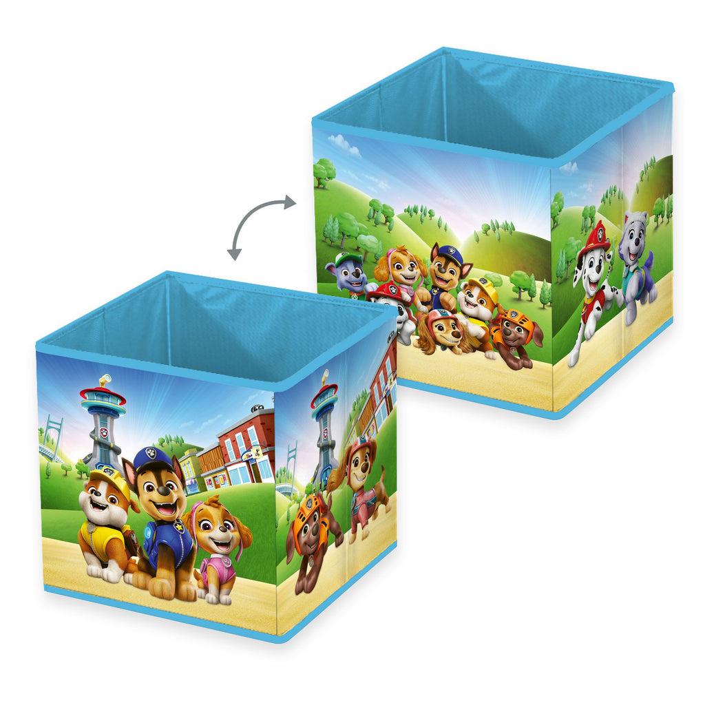 Zwei Ansichten der Paw Patrol Aufbewahrungsbox ‘Team Abenteuerbay’ mit den Fellfreunden auf beiden Seiten