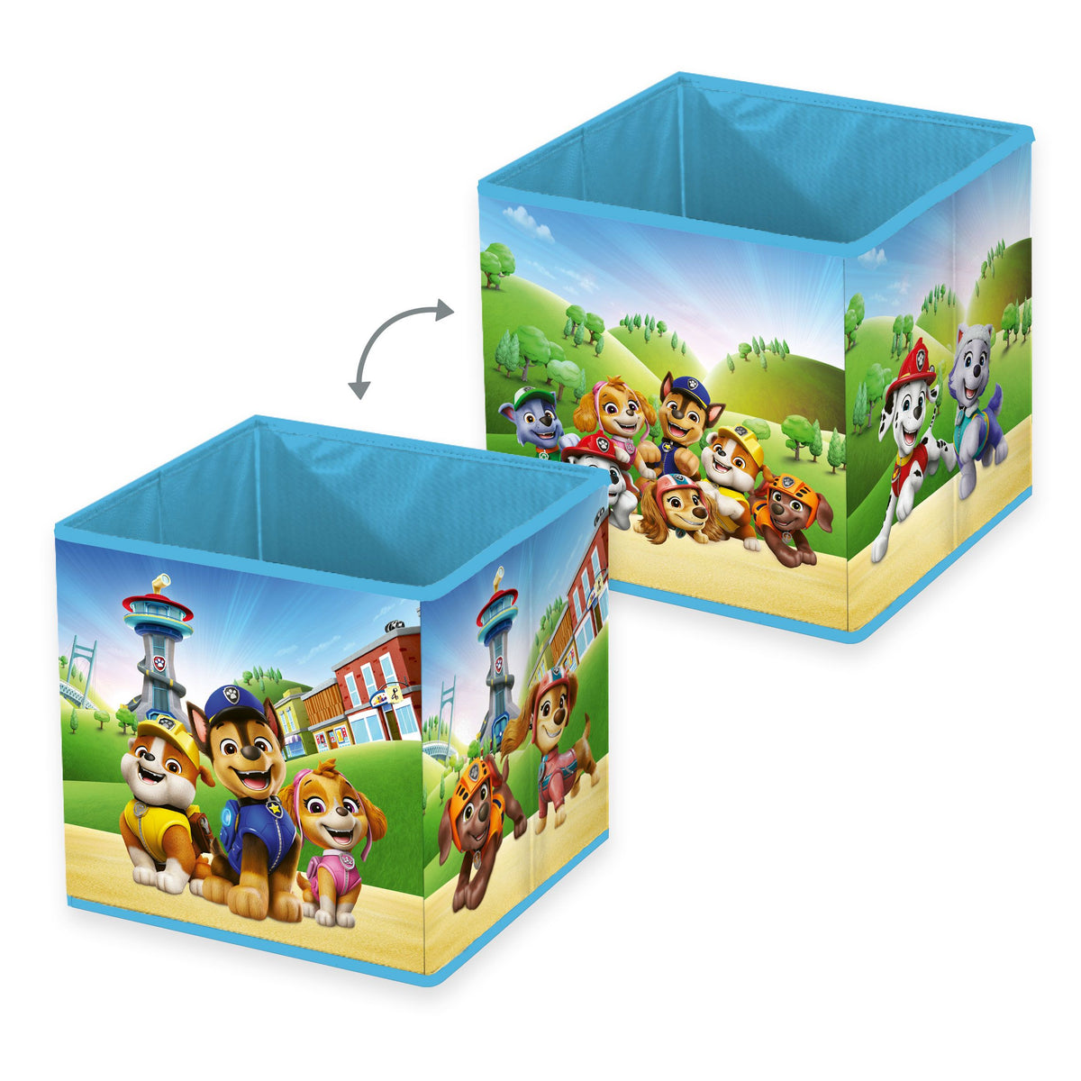 Zwei Ansichten der Paw Patrol Aufbewahrungsbox ‘Team Abenteuerbay’ mit den Fellfreunden auf beiden Seiten