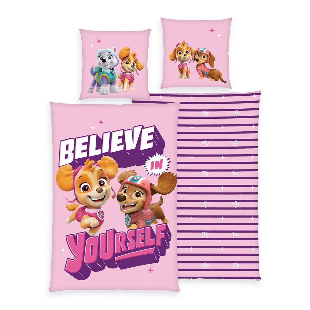 Paw Patrol Bettwäsche ‘Believe’: Skye und Liberty mit Schriftzug Believe in yourself auf Rosa, Wendeseite mit lila Streifen, Kissen mit Everest