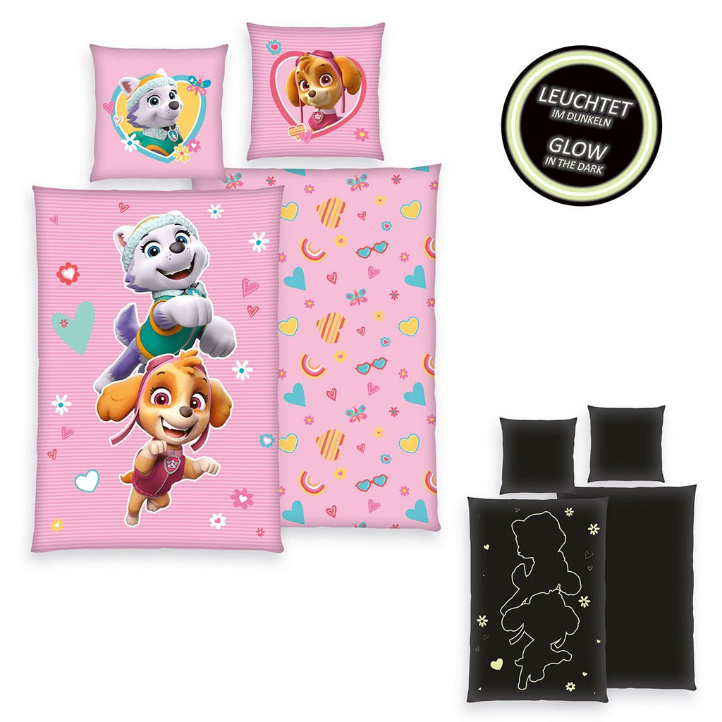 Paw Patrol Bettwäsche-Set ‘Pink Glow in the Dark’ 135 x 200 cm: Bettbezug rosa gestreift mit Skye und Everest, Wendeseite mit Herzen und Regenbogen, Kissen 80 x 80 cm, leuchtet im Dunkeln