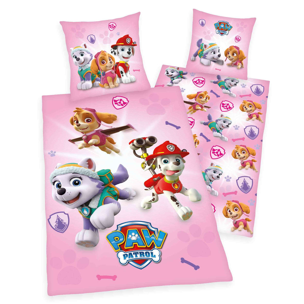Paw Patrol Bettwäsche-Set ‘Rosa’ 135 x 200 cm: Bettbezug rosa mit Skye, Everest und Marshall, Wendeseite mit kleinen Fellfreunden, Kissen 80 x 80 cm
