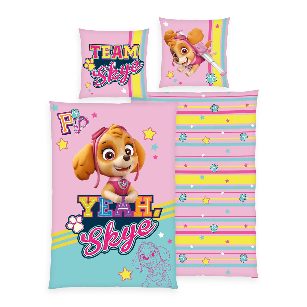 Paw Patrol Bettwäsche ‘Team Skye’: Skye mit Schriftzug Yeah Skye auf Rosa und Türkis, Wendeseite mit Streifen in Pink, Gelb und Hellblau