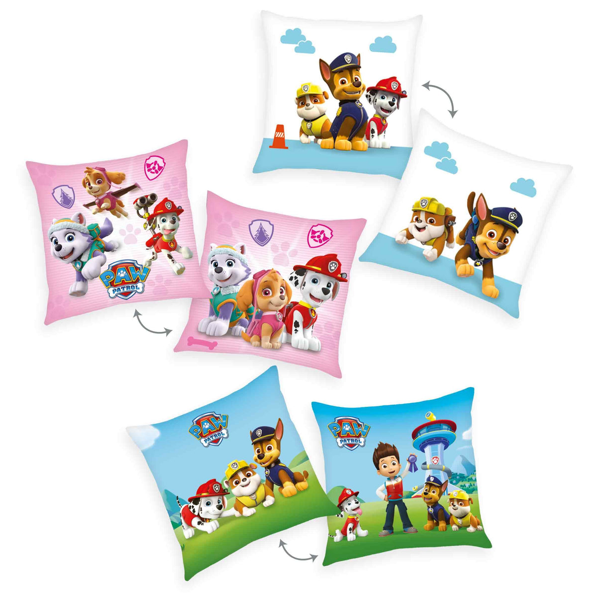 Paw Patrol Dekokissen-Set ‘Classic’: drei Wendekissen je 40 x 40 cm in Weiß, Rosa und Himmelblau mit Chase, Skye, Marshall, Rubble, Everest und Ryder