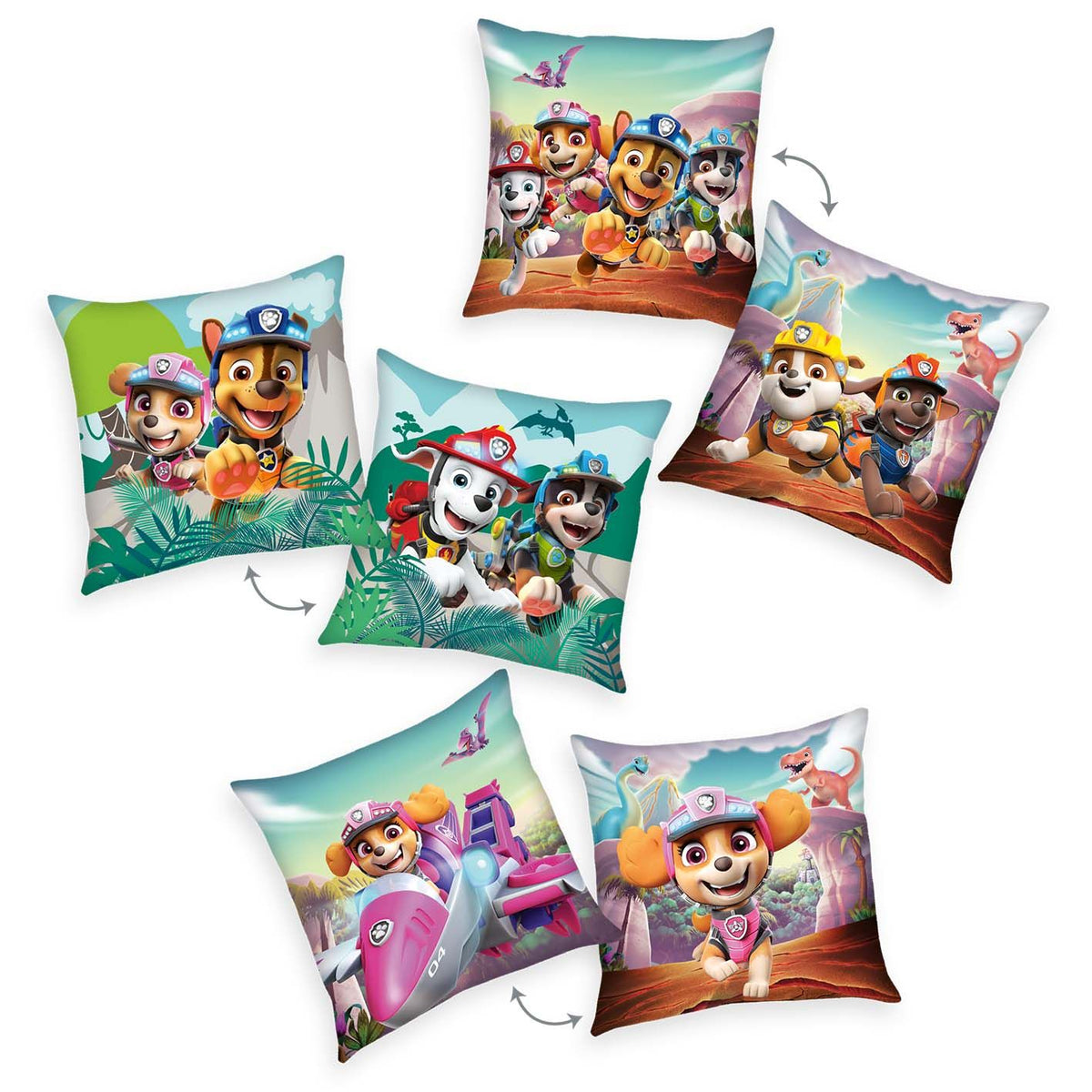 Paw Patrol Dekokissen-Set ‘Dino Rescue’: drei Wendekissen je 40 x 40 cm mit Chase, Skye, Marshall, Rubble, Zuma und Rex zwischen Dinos