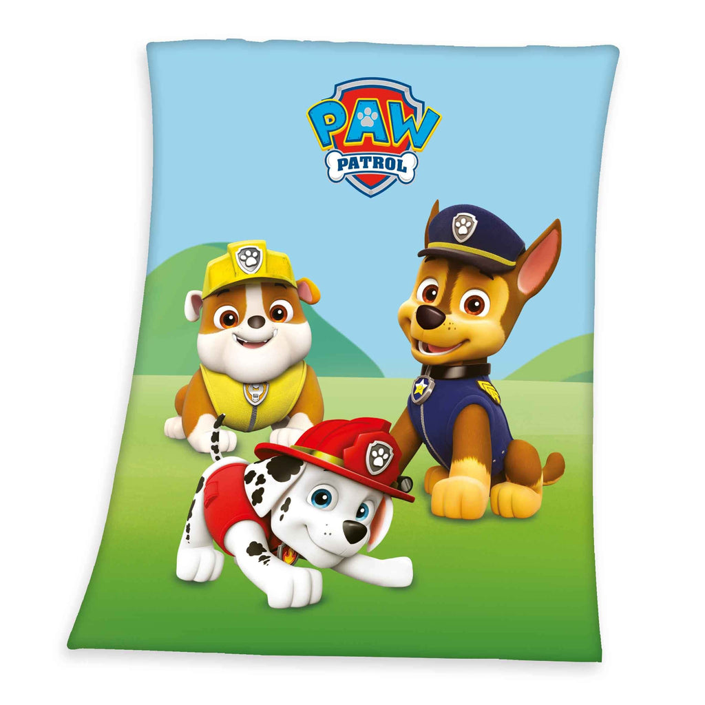 Paw Patrol Fleecedecke ‘Classic’ 130 x 160 cm mit Rubble, Chase und Marshall auf der Wiese und dem Paw-Patrol-Logo