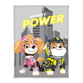 Paw Patrol Fleecedecke ‘Mighty Power’: Skye und Rubble in Rüstung vor grauen Hochhäusern mit Schriftzug Mighty Power