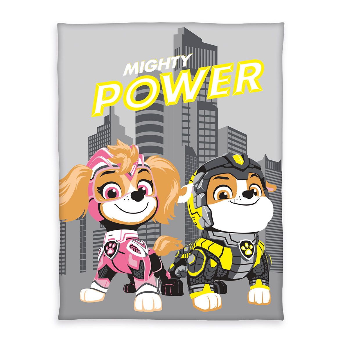 Paw Patrol Fleecedecke ‘Mighty Power’: Skye und Rubble in Rüstung vor grauen Hochhäusern mit Schriftzug Mighty Power