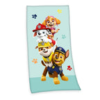 Paw Patrol Handtuch ‘Friends’ 75 x 150 cm: Chase, Rubble, Marshall und Skye übereinander auf Mint mit bunten Pfotenabdrücken
