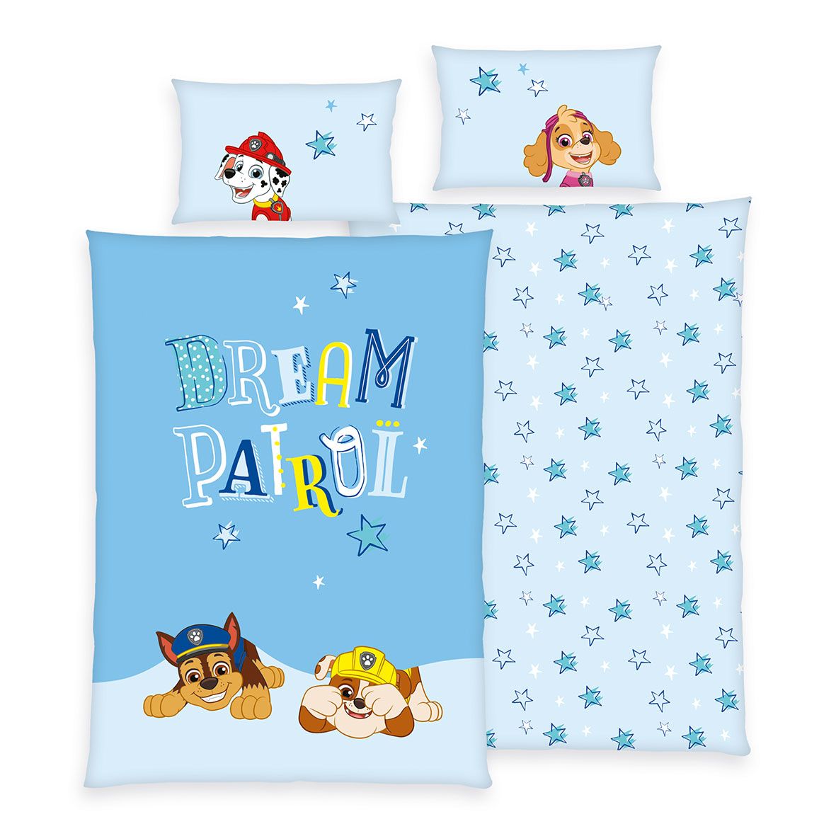 Paw Patrol Kleinkindbettwäsche ‘Blue Star’: Schriftzug Dream Patrol mit Chase und Rubble auf Hellblau, Rückseite hellblau mit Sternen, Kissen mit Marshall und Skye