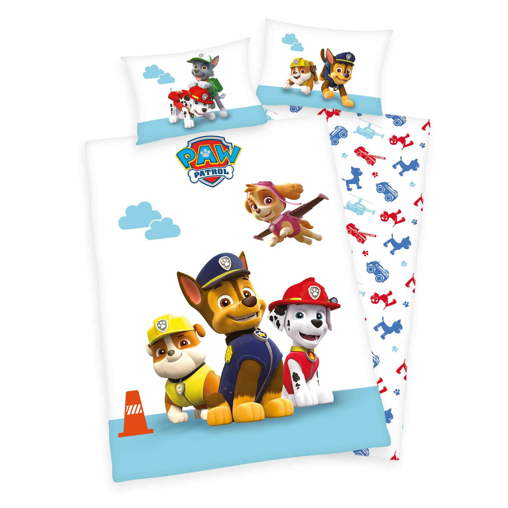 Paw Patrol Kleinkindbettwäsche-Set ‘Classic’ 100 x 135 cm: Bettbezug weiß mit Chase, Marshall, Rubble und Skye, Wendeseite mit roten und blauen Silhouetten, Kissen 40 x 60 cm