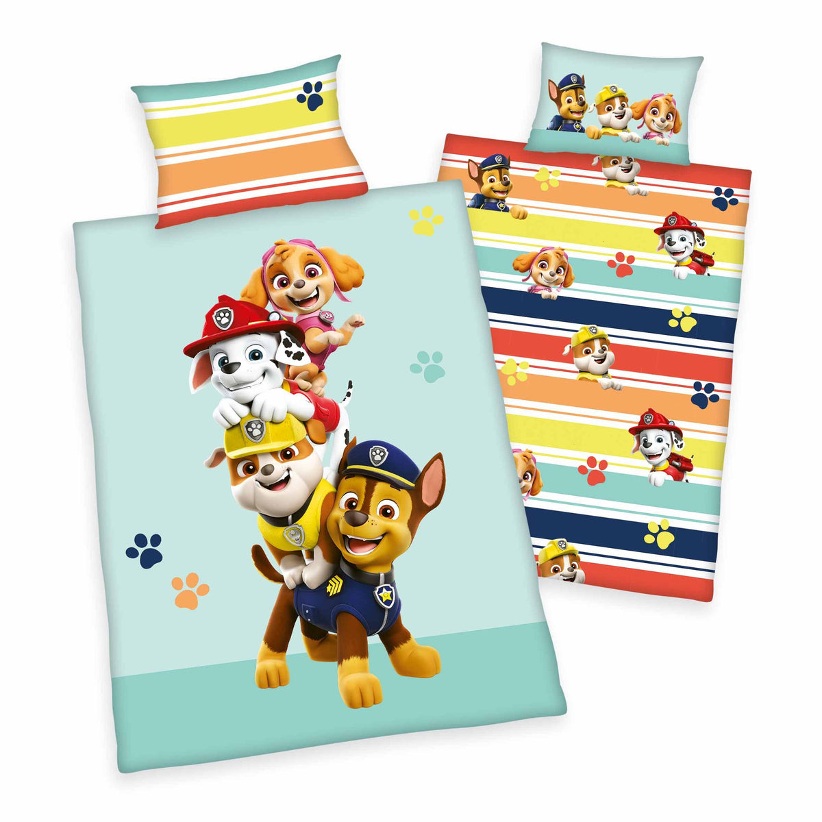 Paw Patrol Kleinkindbettwäsche-Set ‘Friends’ 100 x 135 cm: Bettbezug mint mit Chase, Rubble, Marshall und Skye, Wendeseite mit bunten Streifen, Kissen 40 x 60 cm