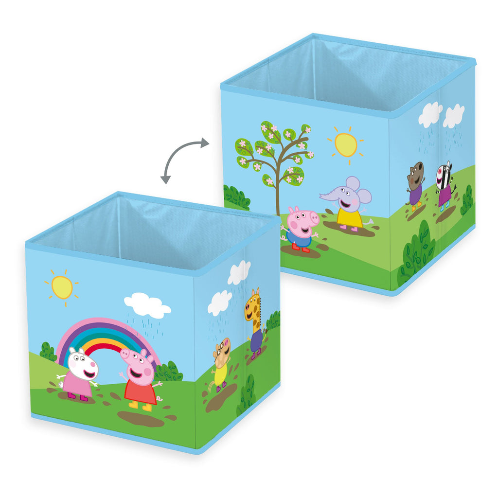 Zwei Ansichten der Peppa Wutz Aufbewahrungsbox mit Regenbogen und weiteren Freunden unter einem Baum