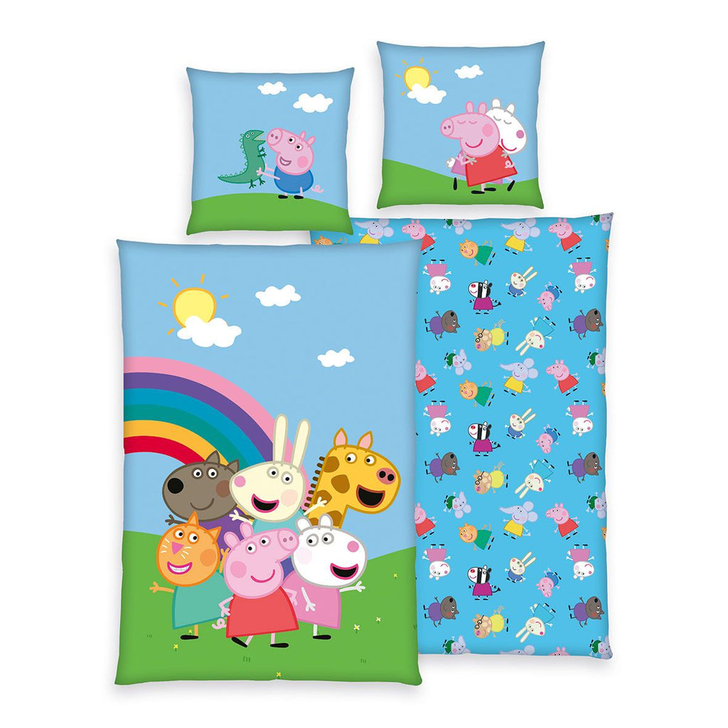Peppa Wutz Bettwäsche-Set ‘Friends’ 135 x 200 cm: Bettbezug mit Peppa und Freunden unter dem Regenbogen, Wendeseite blau gemustert, Kissen 80 x 80 cm mit Schorsch