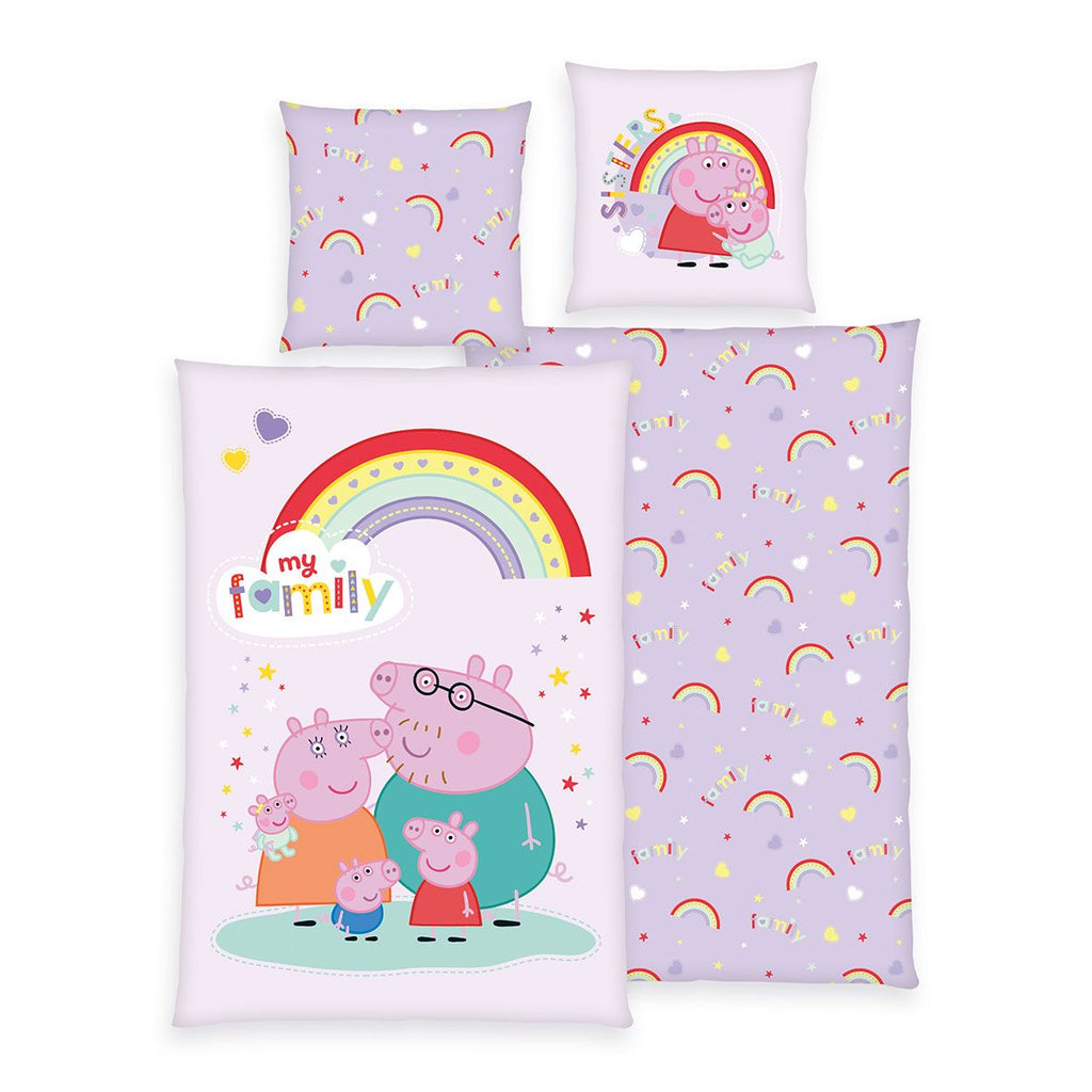 Peppa Wutz Bettwäsche-Set ‘My Family’ 135 x 200 cm: Bettbezug flieder mit Peppa, Mama, Papa und Schorsch unter dem Regenbogen, Wendeseite mit Regenbogen und Herzen, Kissen 80 x 80 cm
