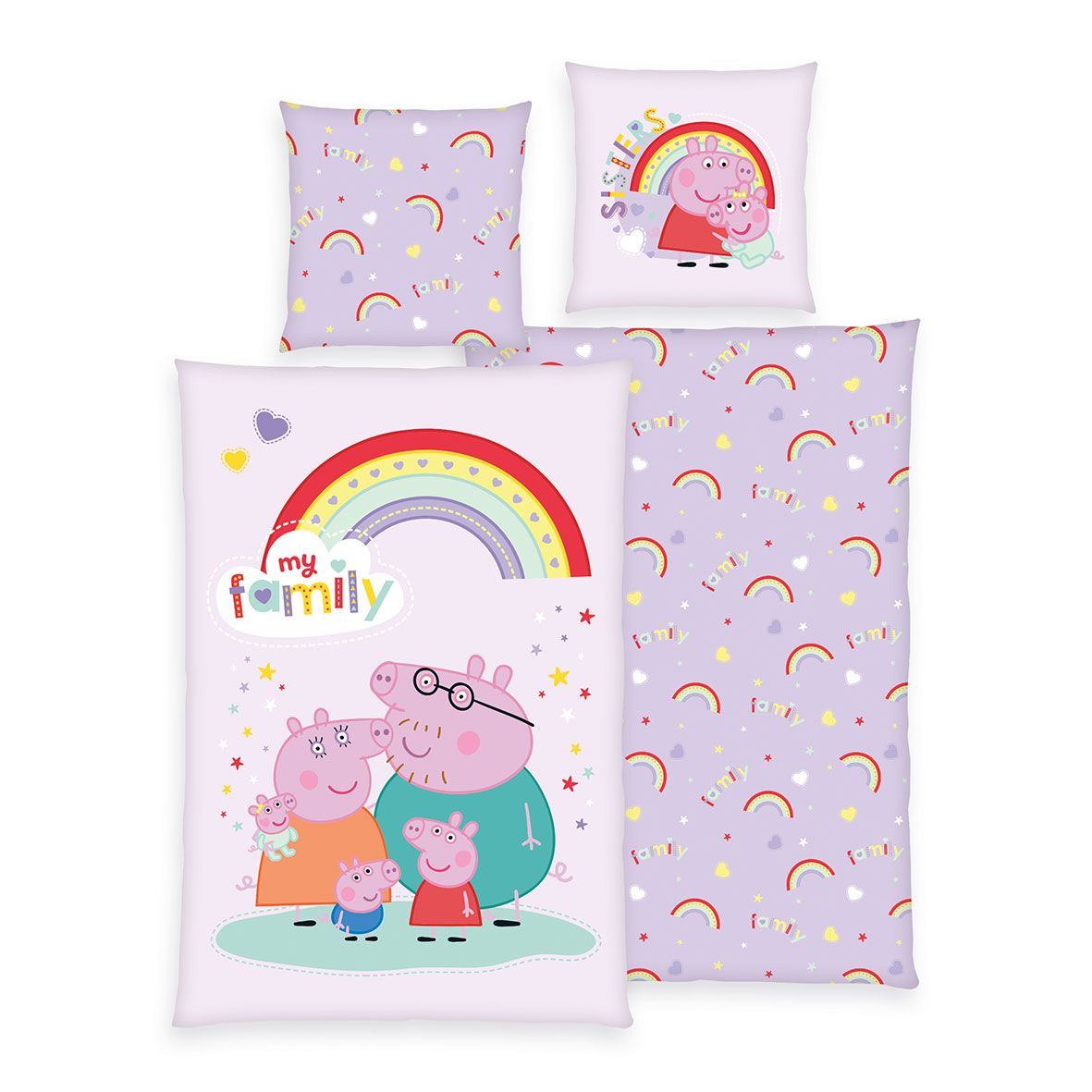 Peppa Wutz Bettwäsche-Set ‘My Family’ 135 x 200 cm: Bettbezug flieder mit Peppa, Mama, Papa und Schorsch unter dem Regenbogen, Wendeseite mit Regenbogen und Herzen, Kissen 80 x 80 cm