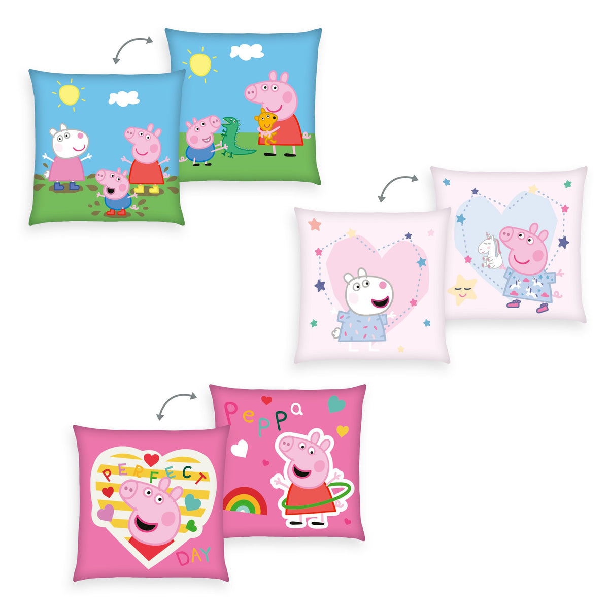 Peppa Wutz Dekokissen-Set ‘Classic’: drei Wendekissen je 40 x 40 cm mit Peppa, Schorsch und Suzy Schaf in Hellblau, Zartrosa und Pink