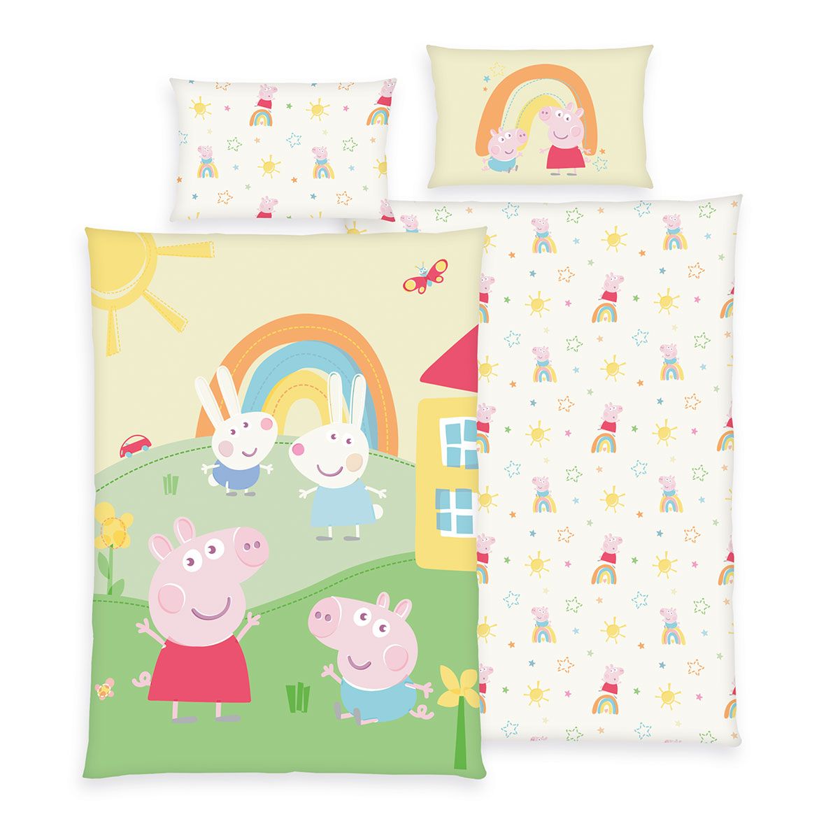 Peppa Wutz Kleinkindbettwäsche-Set ‘Peppas Welt’ 100 x 135 cm: Bettbezug mit Peppa, Schorsch und zwei Hasen unter dem Regenbogen, Wendeseite creme mit kleinen Figuren von Peppa und Schorsch, Kissen 40 x 60 cm