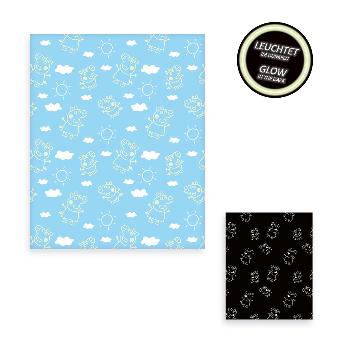 Peppa Wutz Kuscheldecke ‘Glow Blue’: Peppa und George als helle Linienzeichnungen mit Wolken und Sonnen auf Hellblau, daneben das leuchtende Muster