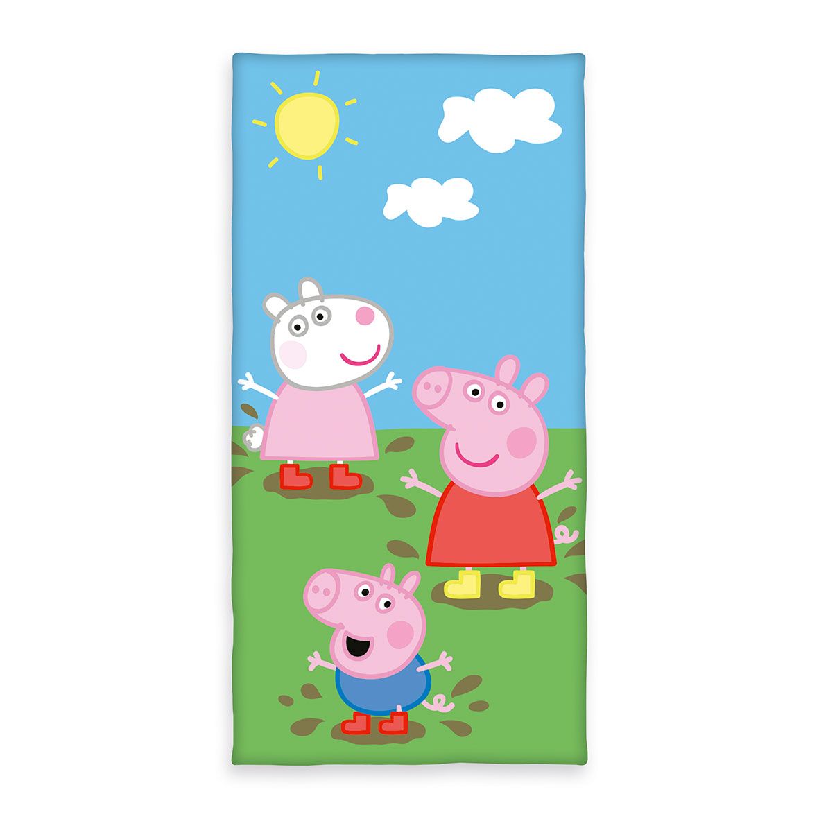 Peppa Wutz Strandtuch ‘Classic’ 75 x 150 cm: Peppa, Schorsch und Suzy Schaf in Matschpfützen unter Sonne und Wolken
