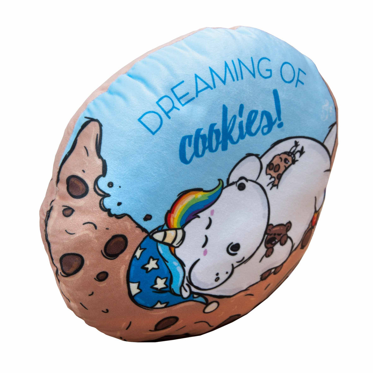 Vorderseite schräg: Pummeleinhorn mit Sternen-Schlafmütze und Teddy unter dem Schriftzug „Dreaming of cookies!“