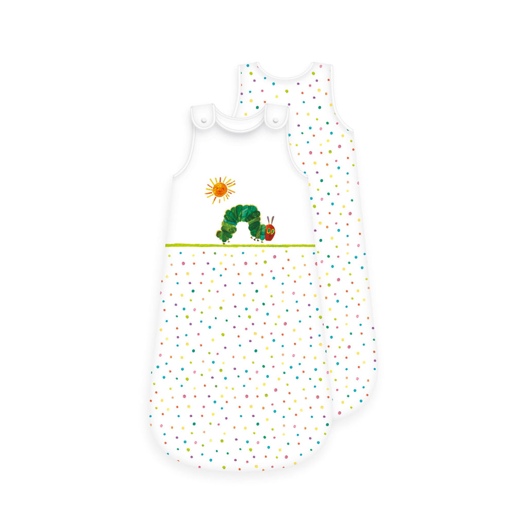 Raupe Nimmersatt Babyschlafsack ‘Evergreen’ von vorn und hinten: Raupe und Sonne auf Weiß, bunte Punkte, Rückseite gepunktet