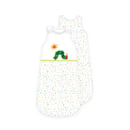 Raupe Nimmersatt Babyschlafsack ‘Evergreen’ von vorn und hinten: Raupe und Sonne auf Weiß, bunte Punkte, Rückseite gepunktet